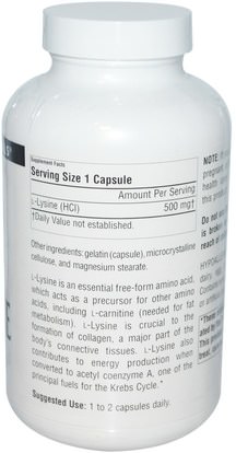 المكملات الغذائية، والأحماض الأمينية، ل يسين Source Naturals, L-Lysine, 500 mg, 200 Capsules