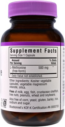 المكملات الغذائية، والأحماض الأمينية، ل ميثيونين Bluebonnet Nutrition, L-Methionine, 500 mg, 30 Veggie Caps