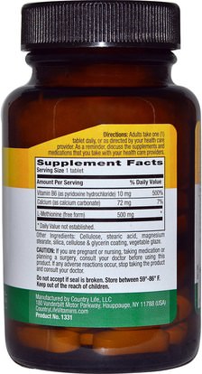 المكملات الغذائية، والأحماض الأمينية، ل ميثيونين Country Life, L-Methionine, 500 mg, 60 Tablets