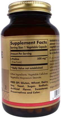 المكملات الغذائية، والأحماض الأمينية، ل برولين Solgar, L-Proline, 500 mg, 100 Vegetable Capsules