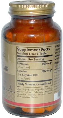 المكملات الغذائية، والأحماض الأمينية، ل برولين Solgar, L-Proline/L-Lysine, Free Form, 500mg/500 mg, 90 Tablets