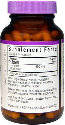 المكملات الغذائية، والأحماض الأمينية، لتر التيروزين Bluebonnet Nutrition, L-Tyrosine, 500 mg, 100 Veggie Caps
