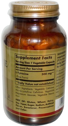 المكملات الغذائية، والأحماض الأمينية، لتر التيروزين Solgar, L-Tyrosine, 500 mg, 100 Vegetable Capsules