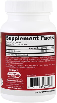 المكملات الغذائية، والأحماض الأمينية، ناك (ن أستيل السيستين) Jarrow Formulas, N-A-C Sustain, N-Acetyl-L-Cysteine, 600 mg, 100 Tablets