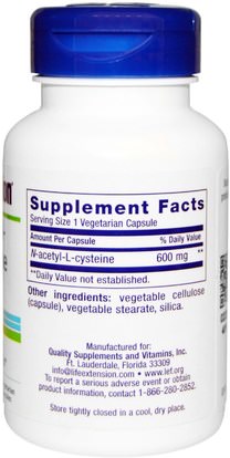 المكملات الغذائية، والأحماض الأمينية، ناك (ن أستيل السيستين) Life Extension, N-Acetyl-L-Cysteine, 600 mg, 60 Veggie Caps