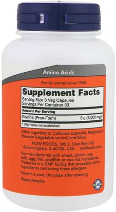 المكملات الغذائية، والأحماض الأمينية Now Foods, Glycine, 1,000 mg, 100 Veg Capsules