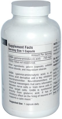المكملات الغذائية، والأحماض الأمينية Source Naturals, GABA, 750 mg, 180 Capsules