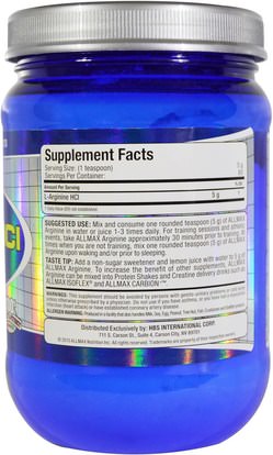 المكملات الغذائية، والأحماض الأمينية، والرياضة، ل أرجينين ALLMAX Nutrition, 100% Pure Arginine HCI Maximum Strength + Absorption, 14 oz (400 g)