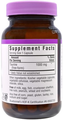 المكملات الغذائية، والأحماض الأمينية، التورين Bluebonnet Nutrition, Taurine, 1,000 mg, 50 Veggie Caps