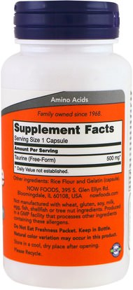 المكملات الغذائية، والأحماض الأمينية، التورين Now Foods, Taurine, 500 mg, 100 Capsules