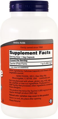 المكملات الغذائية، والأحماض الأمينية، التورين Now Foods, Taurine, Double Strength, 1,000 mg, 250 Veg Capsules