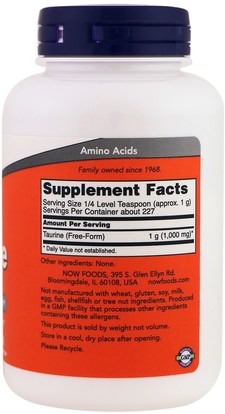 المكملات الغذائية، والأحماض الأمينية، التورين Now Foods, Taurine, Pure Powder, 8 oz (227 g)