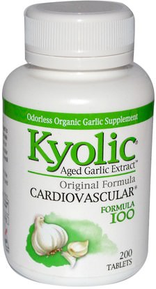 المكملات الغذائية، المضادات الحيوية، الثوم، الصحة، القلب القلب والأوعية الدموية، دعم القلب Wakunaga - Kyolic, Cardiovascular, Formula 100, 200 Tablets