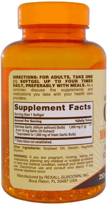 المكملات الغذائية، المضادات الحيوية، زيت الثوم Sundown Naturals, Odorless Garlic, 1,000 mg, 250 Softgels