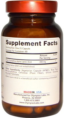 المكملات الغذائية، ومضادات الأكسدة، ألفا حمض ليبويك، ألفا حمض ليبويك 400 ملغ Olympian Labs Inc., Alpha Lipoic Acid, 400 mg, 60 Veggie Caps (Discontinued Item)