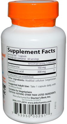 المكملات الغذائية، مضادات الأكسدة، ألفا حمض ليبويك، بنفوتيامين Doctors Best, Best Benfotiamine 150 + Alpha-Lipoic Acid 300, 60 Veggie Caps