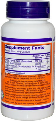 المكملات الغذائية، مضادات الأكسدة، حمض الليبويك ألفا Now Foods, Alpha Lipoic Acid, Extra Strength, 600 mg, 60 Veg Capsules