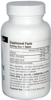 المكملات الغذائية، مضادات الأكسدة، حمض الليبويك ألفا Source Naturals, Acetyl L-Carnitine & Alpha-Lipoic Acid, 650 mg, 120 Tablets