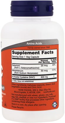 المكملات الغذائية، مضادات الأكسدة، الأحماض الأمينية، ناك (ن أستيل السيستين) Now Foods, NAC, 600 mg, 100 Veg Capsules