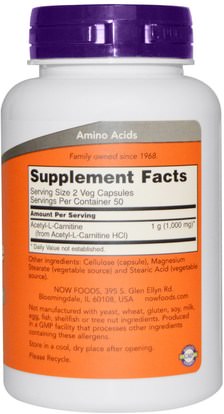 المكملات الغذائية، مضادات الأكسدة، الأحماض الأمينية Now Foods, Acetyl-L Carnitine, 500 mg, 100 Veg Capsules