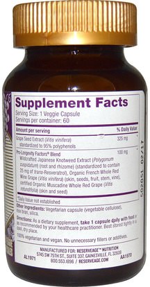 المكملات الغذائية، مضادات الأكسدة، مضادات الأكسدة، استخراج بذور العنب ReserveAge Nutrition, Grape Seed Extract, 325 mg, 60 Veggie Caps