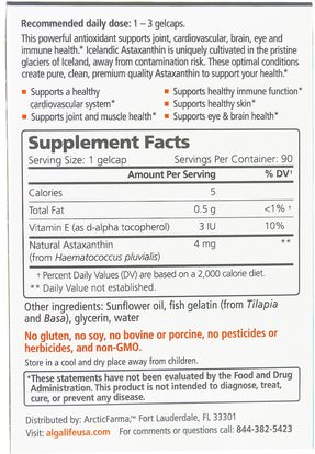المكملات الغذائية، مضادات الأكسدة، أستازانتين Algalife, Icelandic Astaxanthin, 4 mg, 90 Gelcaps