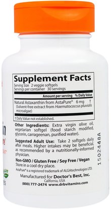 المكملات الغذائية، مضادات الأكسدة، أستازانتين Doctors Best, Astaxanthin with AstaPure, 3 mg, 60 Veggie Softgels