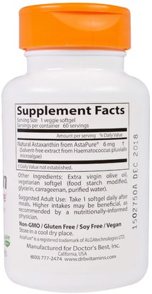 المكملات الغذائية، مضادات الأكسدة، أستازانتين Doctors Best, Astaxanthin with AstaPure, 6 mg, 60 Veggie Softgels