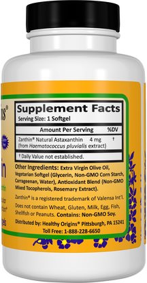 المكملات الغذائية، مضادات الأكسدة، أستازانتين Healthy Origins, Vegan Astaxanthin, 4 mg, 60 Veggie Softgels