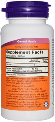المكملات الغذائية، مضادات الأكسدة، أستازانتين Now Foods, Astaxanthin, Extra Strength, 10 mg, 60 Softgels