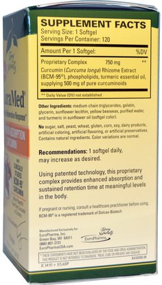 المكملات الغذائية، مضادات الأكسدة، الكركمين EuroPharma, Terry Naturally, CuraMed, 750 mg, 120 Softgels