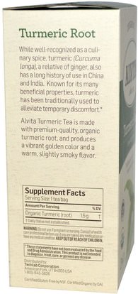 المكملات الغذائية، مضادات الأكسدة، الكركمين، الغذاء، الشاي العشبية Alvita Teas, Turmeric Root, Organic, Caffeine Free, 24 Tea Bags, 1.27 oz (36 g)