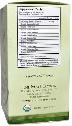 المكملات الغذائية، مضادات الأكسدة، الكركمين، الغذاء، الشاي العشبية Mate Factor, Organic Functional Herbal Blends, Detox Medley with Ginger and Turmeric, 20 Tea Bags, (3.5 g) Each