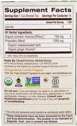 المكملات الغذائية، مضادات الأكسدة، الكركمين، الغذاء، الشاي العشبية Traditional Medicinals, Organic Turmeric with Meadowsweet & Ginger, 16 Wrapped Tea Bags, 1.13 oz (32 g)
