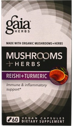 المكملات الغذائية، مضادات الأكسدة، الكركمين Gaia Herbs, Mushroom + Herbs, Reishi + Turmeric, 60 Veggie Caps