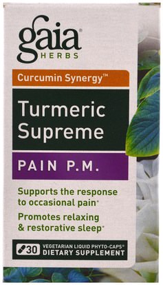 المكملات الغذائية، مضادات الأكسدة، الكركمين Gaia Herbs, Turmeric Supreme, Pain PM, 30 Vegetarian Liquid Phyto-Caps