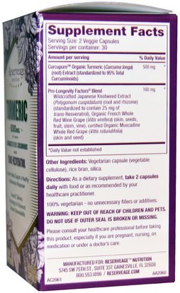 المكملات الغذائية، مضادات الأكسدة، الكركمين، الكركم ReserveAge Nutrition, Turmeric, with Trans-Resveratrol, 500 mg, 60 Veggie Caps
