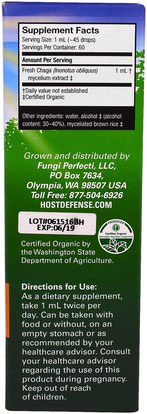 والمكملات الغذائية، ومضادات الأكسدة Fungi Perfecti, Host Defense Mushrooms, Organic Chaga Extract, Antioxidant & DNA Support, 2 fl oz (60 ml)