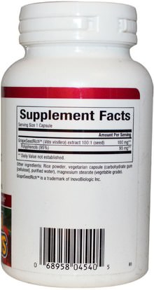 المكملات الغذائية، مضادات الأكسدة، استخراج بذور العنب Natural Factors, GrapeSeedRich, Grape Seed Extract, 100 mg, 120 Veggie Caps