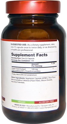 المكملات الغذائية، مضادات الأكسدة، استخراج بذور العنب Olympian Labs Inc., Grape Seed Extract, 120 mg, 100 Vegetarian Capsules