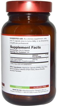 المكملات الغذائية، مضادات الأكسدة، استخراج بذور العنب Olympian Labs Inc., Grape Seed Extract, 200 mg, 100 Vegetarian Capsules