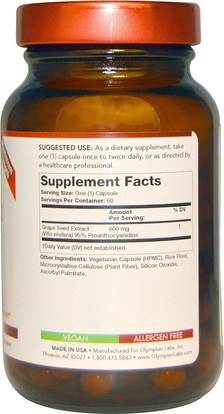 المكملات الغذائية، مضادات الأكسدة، استخراج بذور العنب Olympian Labs Inc., Grape Seed Extract, Maximum Strength, 600 mg, 60 Vegetarian Capsules