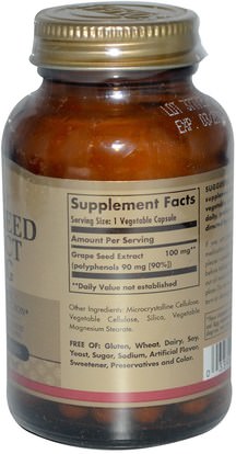 المكملات الغذائية، مضادات الأكسدة، استخراج بذور العنب Solgar, Grape Seed Extract, 100 mg, 60 Vegetable Capsules