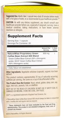 والمكملات الغذائية، ومضادات الأكسدة، واستخراج حبوب البن الخضراء NatureWise, Green Coffee Bean Extract 800, 60 Veggie Caps