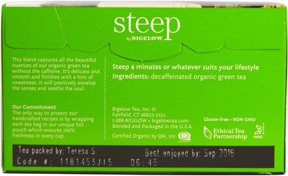 المكملات الغذائية، مضادات الأكسدة، الشاي الأخضر Bigelow, Steep, Organic Pure Green Decaffeinated Tea, 20 Tea Bags, 0.86 oz (24 g)