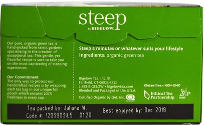 المكملات الغذائية، مضادات الأكسدة، الشاي الأخضر Bigelow, Steep, Organic Pure Green Tea, 20 Tea Bags, 0.91 oz (25 g)