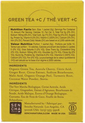 المكملات الغذائية، مضادات الأكسدة، الشاي الأخضر، الغذاء، الشاي العشبية Sencha Naturals, Green Tea + C, Citrus Ginger, 10 Packets, 1.8 oz (50 g) Each