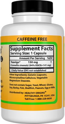 المكملات الغذائية، مضادات الأكسدة، الشاي الأخضر، الأعشاب، إغغ Healthy Origins, Teavigo, Caffeine Free, 150 mg, 60 Capsules