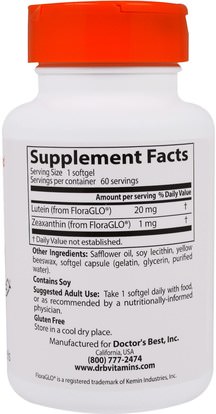 المكملات الغذائية، مضادات الأكسدة، اللوتين، الكاروتينات، زياكسانثين Doctors Best, Lutein with FloraGlo Lutein, 20 mg, 60 Softgels