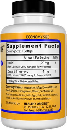 المكملات الغذائية، مضادات الأكسدة، اللوتين Healthy Origins, Lutein, Natural, 20 mg, 180 Veggie Softgels